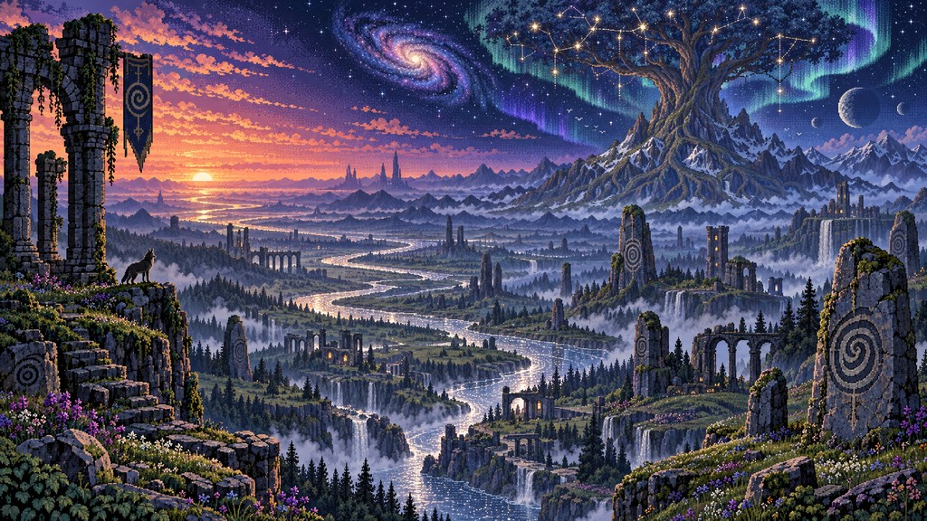 A wide pixel art fantasy landscape