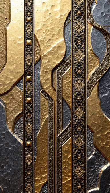 Hammered gold and platinum surfaces create an intricate geometric ...