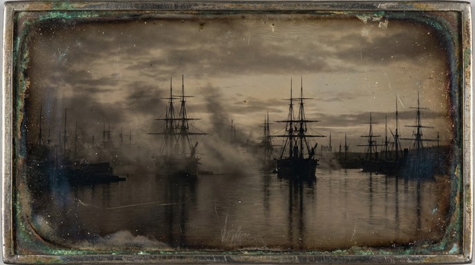 The Twilight of SAILING SHIP (帆船の黄昏) Download Ghostly Harbor Twilight Image - Daguerreotype, Vintage