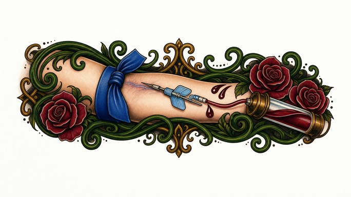 Drawing Blood Sticker Neo-traditional tattoo illustration of a forearm with a blue tourniquet ...