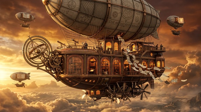 Download Flying Library Ship Image - Steampunk, Airship, Library ...