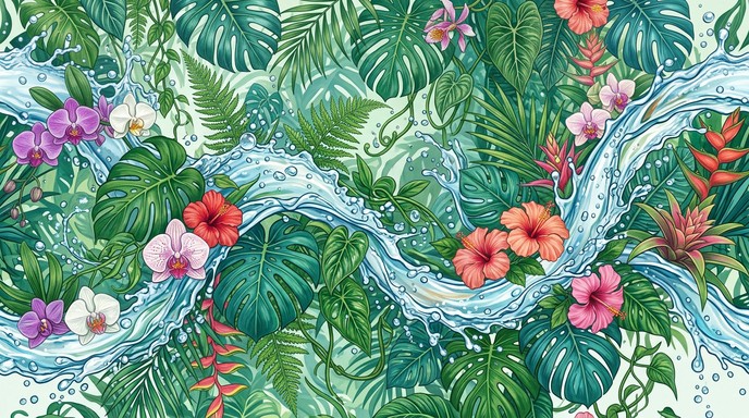 Tropical Waterfall Pattern Free Tropical Water Paradise Image - Tropical, Botanical, Pattern ...