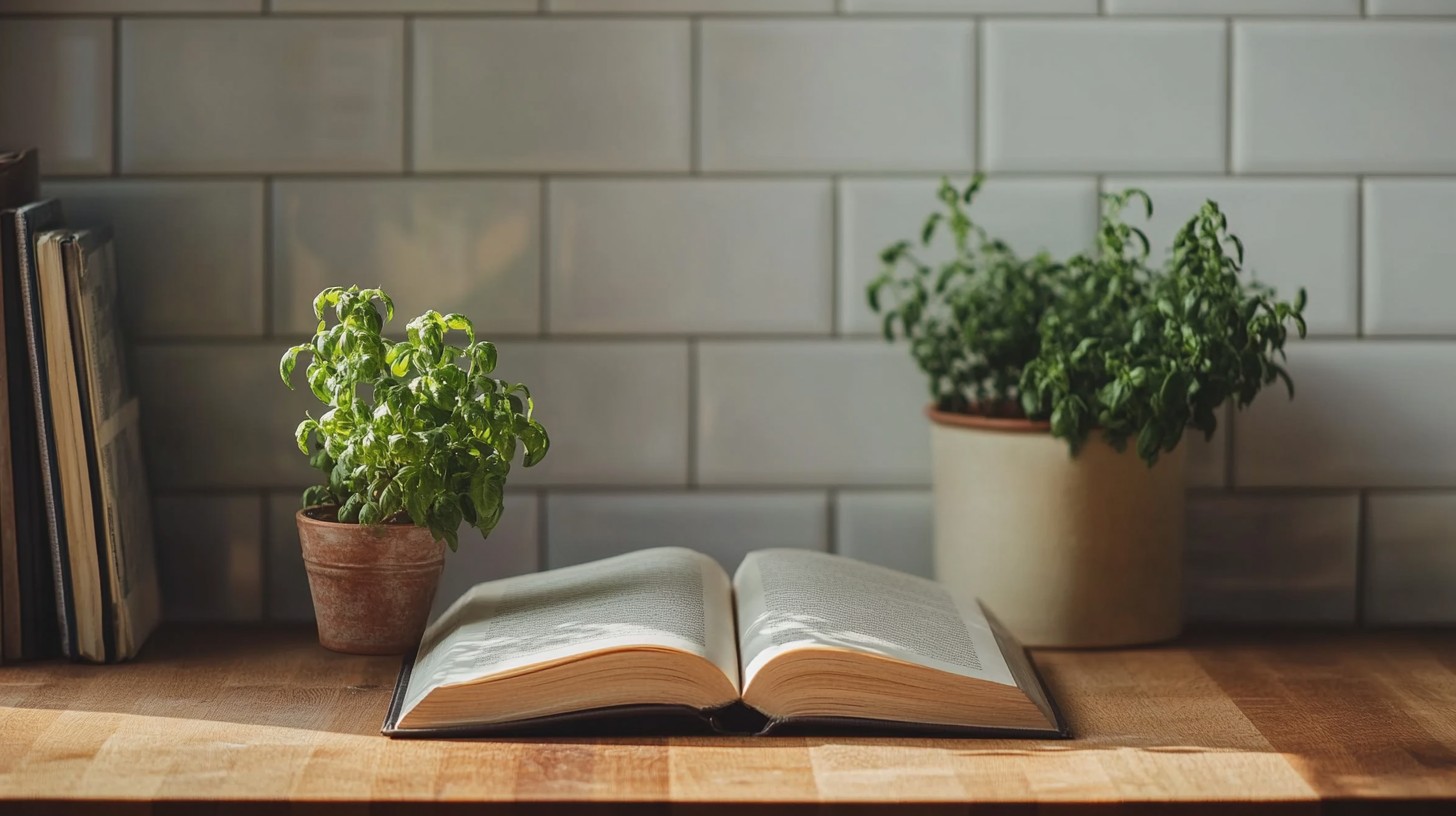 Download Book on Table Image - Book, Table, Plants | StockCake