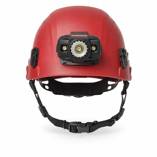 Hal Met Light Red caving helmet with a bright LED headlamp and black chin strap ...