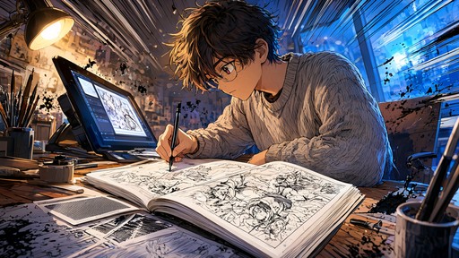 A young man in a cozy gray sweater sketches an action scene in a manga ...