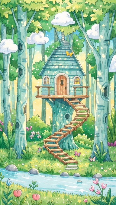 Treehouse With Color Free Enchanted Treehouse Paradise Image - Treehouse, Forest, Watercolor ...