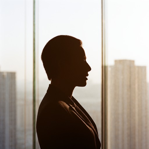 Dark silhouette of a professional in profile standing before a bright ...