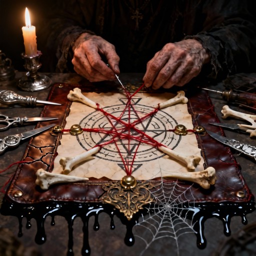 Weathered hands create mysterious occult artifact with crimson thread ...