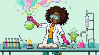 Fermentation Science Cartoon A cheerful cartoon woman scientist in goggles and a white lab coat ...
