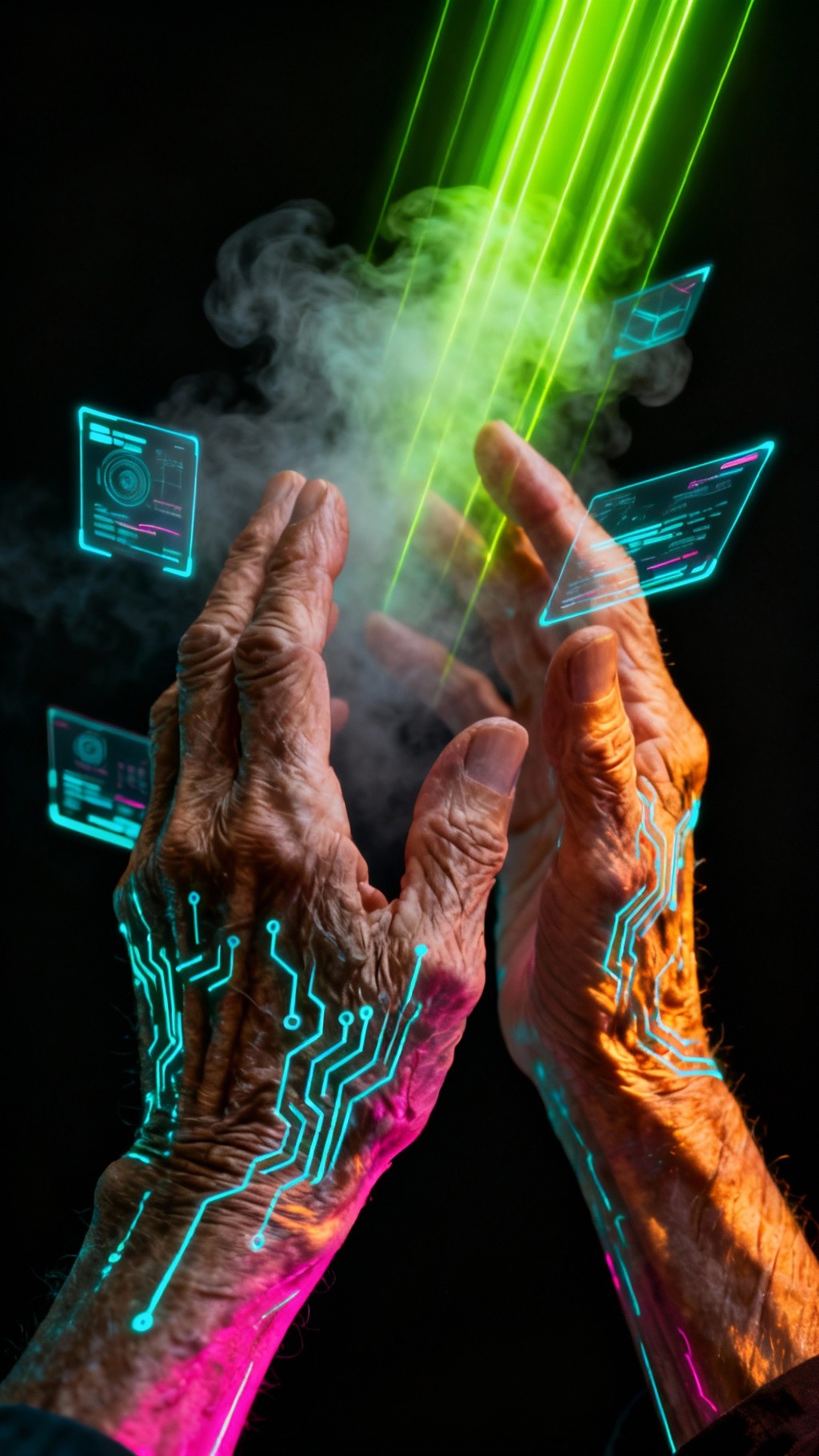 Free Digital Wisdom Illuminated Image - Cyberpunk, Hands, Elderly ...