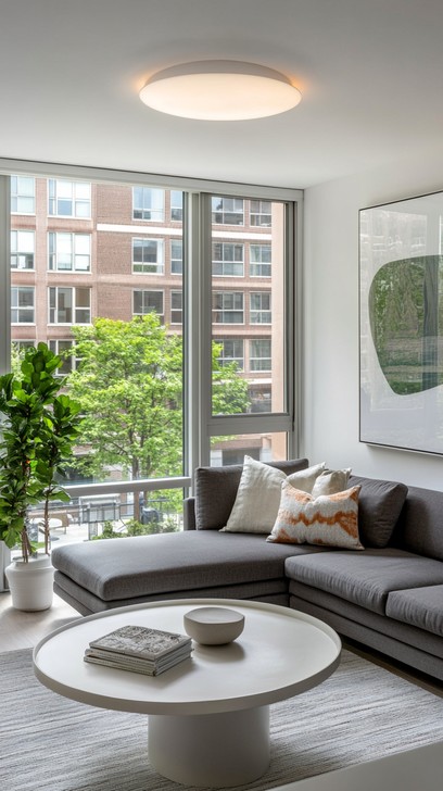 A modern living room with a neutral color palette, featuring a cozy ...