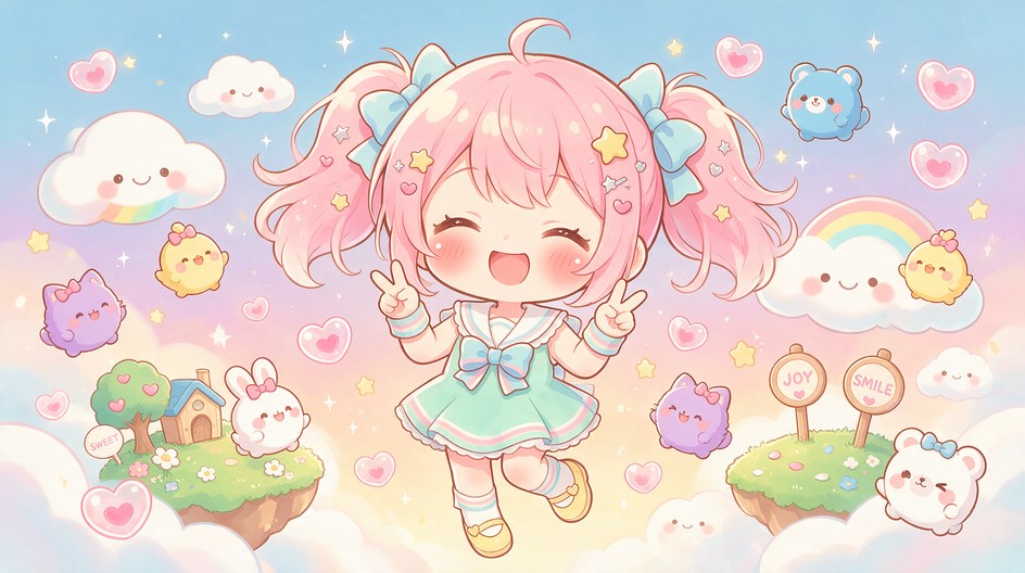 Cheerful pink-haired chibi girl in a mint-green sailor dress makes ...