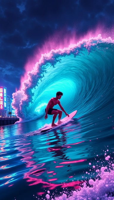 Neon Wave Riding Determined surfer rides a massive indigo wave illuminated by magenta ...