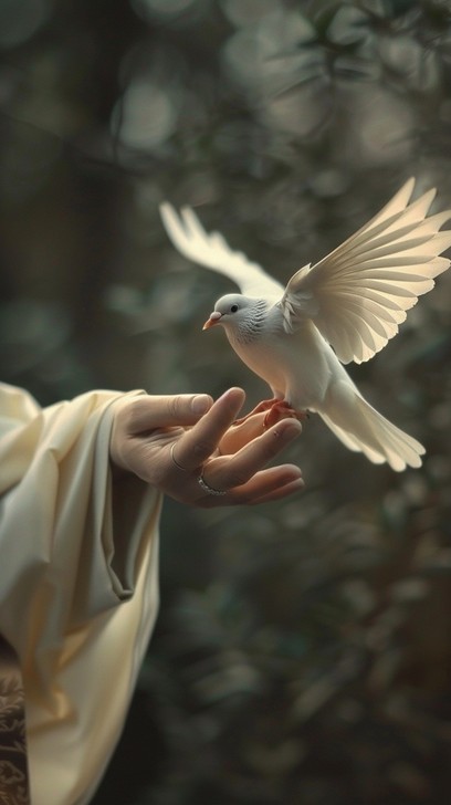 A peaceful dove spreads its wings as it gracefully lands on a gently ...