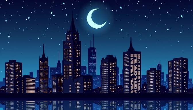 Free Pixel Moonlit Metropolis Image - Cityscape, Moon, Crescent ...