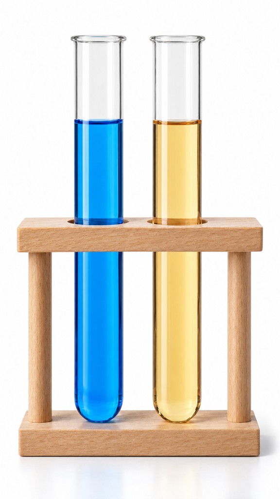Two tall, clear glass test tubes stand next to each other in a simple ...