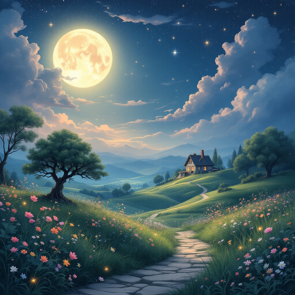 Moon Light Countryside Free Moonlit Countryside Dream Image - Anime, Illustration, Moonlight ...