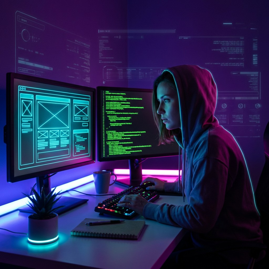Free Cyberpunk Workspace Design Image - Cyberpunk, Neon, Coding ...