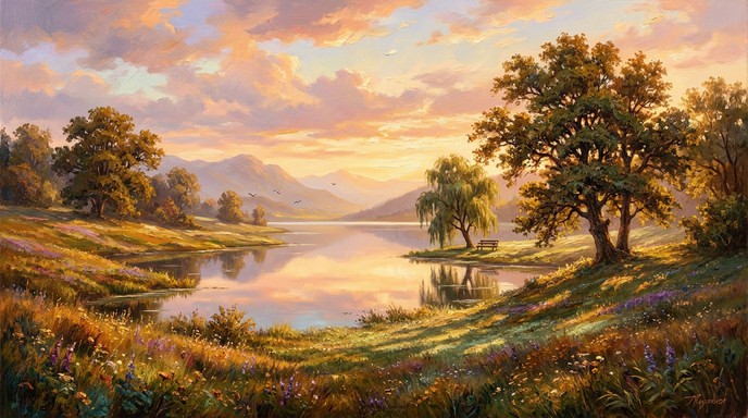 Download Golden Hour Serenity Image - Landscape, Painting, Lake