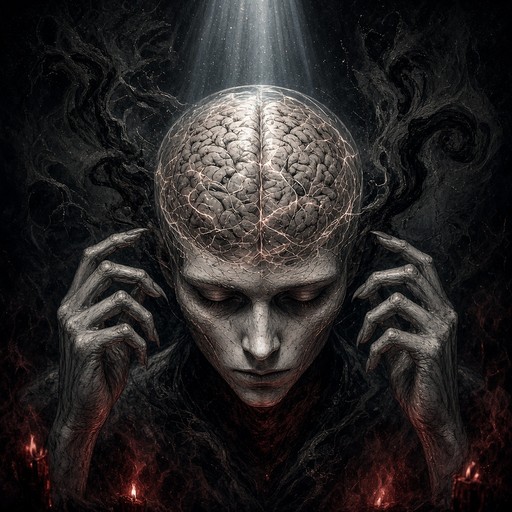 A pale figure bows its head with closed eyes while a glowing, scratched ...