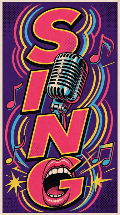 Microphone Drawing/design Bold pink letters spell SING with a chrome vintage microphone and a ...
