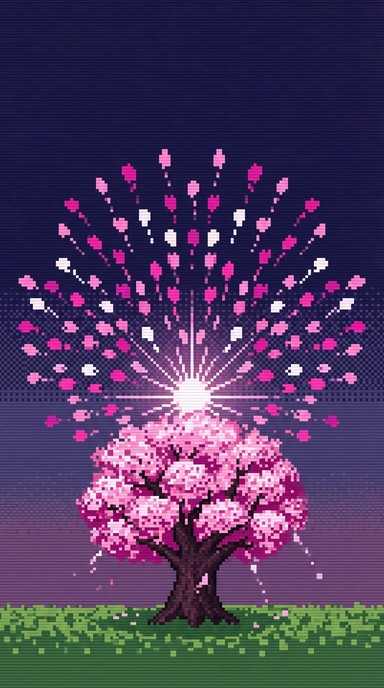 Dramatic cherry blossom petals burst upward in vibrant 8-bit pixel art ...