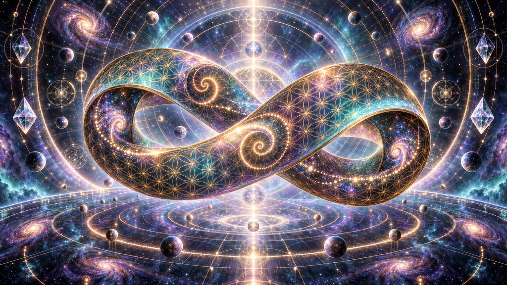 Moon Lines Math A glowing golden infinity loop covered in sacred geometry patterns and ...