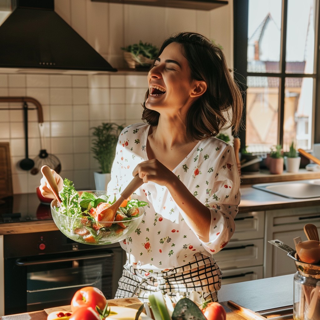 Free Joyful Cooking Moment Image - Woman, Laughing, Salad | Download at ...