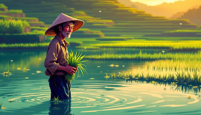 Free Pixel Paddy Sunset Image - Pixel, Farmer, Rice | Download at StockCake