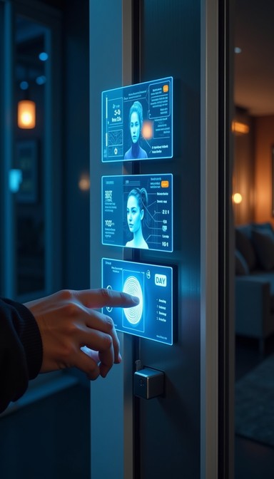 Interface de segurança biométrica com leitor digital e controle de acesso para condomínios e automação predial