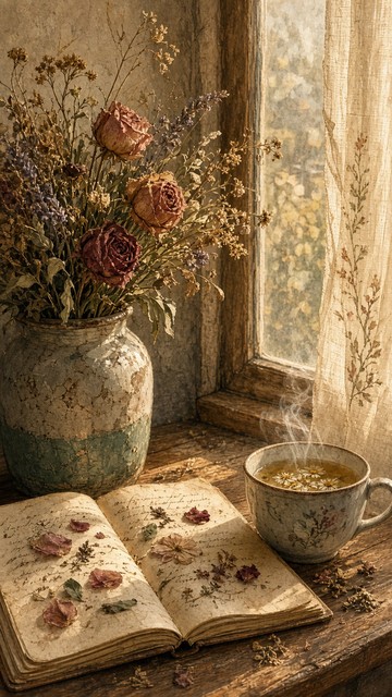 Windsill Window Warm lofi illustration of dried wildflowers and dusty rose blooms in a ...