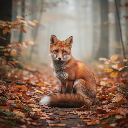 Glossy red fox rests on leaf-covered woodland trail surrounded by ...