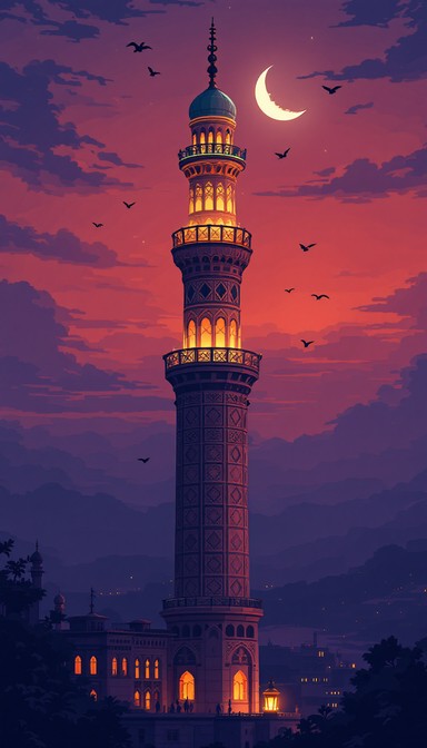 Pixel art mosque tower rises into dusky evening sky with crescent moon ...