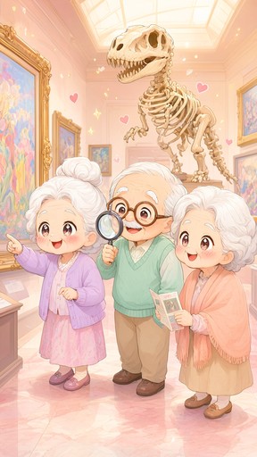Two smiling elderly women and an elderly man with a magnifying glass ...