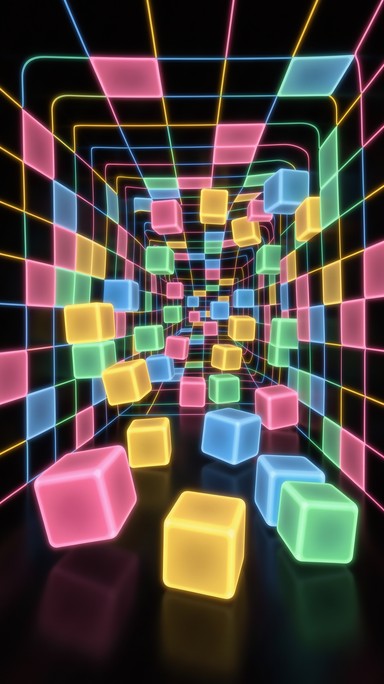 Stretch Cube Chunky glowing cubes in pink, yellow, blue, and mint green tumble down ...