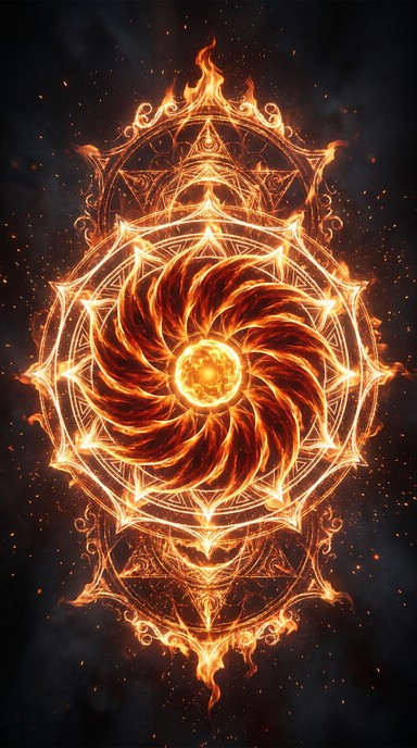 Blazing fire mandala with perfect symmetry featuring golden molten core ...