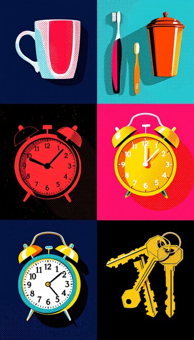 Daily Routine Drawings Hand Drawings Screen-printed pop art grid showcasing daily essentials including ...