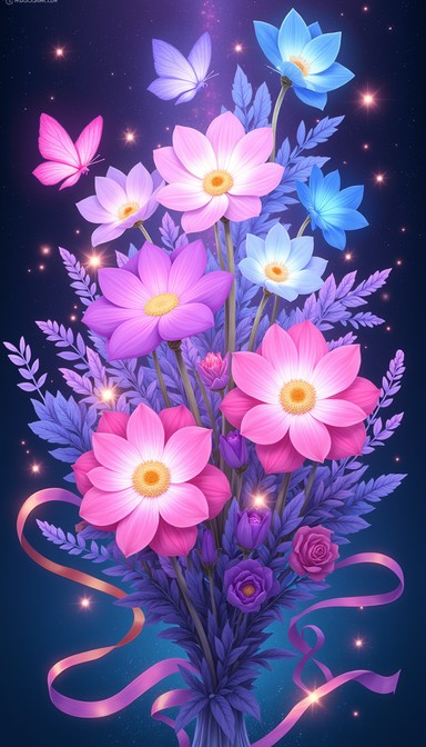 Magic Essence Background A magical bouquet of luminous flowers radiates with ethereal pink, blue ...