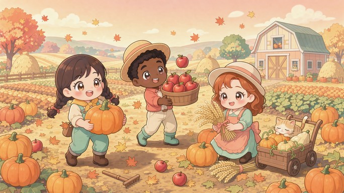 Three cute chibi children gather orange pumpkins, red apples, and ...