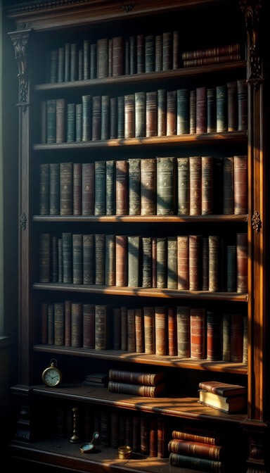 Weathered oak bookshelf housing a collection of leather-bound classics ...