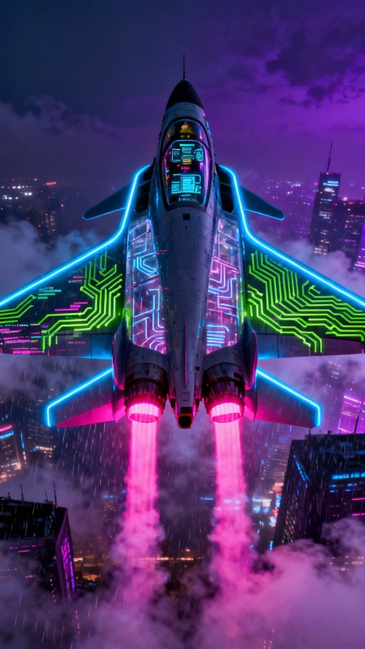 Free Neon Fighter Ascending Image - Cyberpunk, Synthwave, Aircraft ...