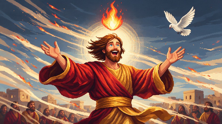 A bright pixel art illustration shows a joyful bearded man with long ...