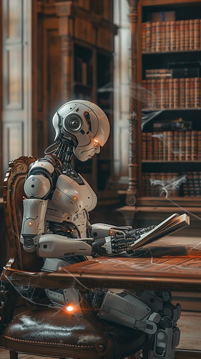 Free Robot in Library Image - Robot, Library, Books | Download at StockCake