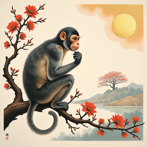 Contemplative Monkey Free Contemplative Monkey Perches Image - Monkey, Blossoms, Traditional ...