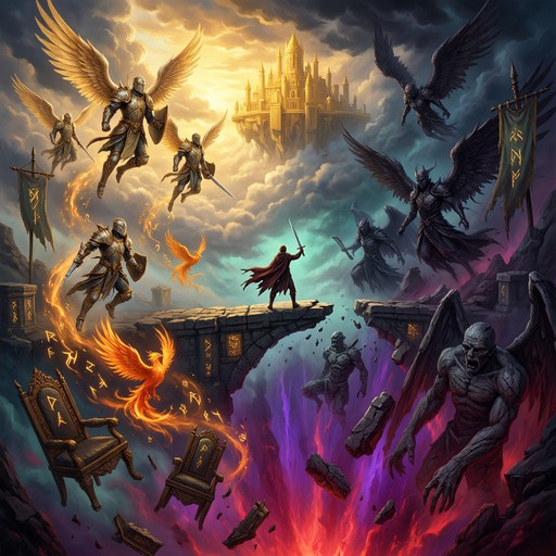 This epic fantasy illustration shows a fight between light and darkness ...