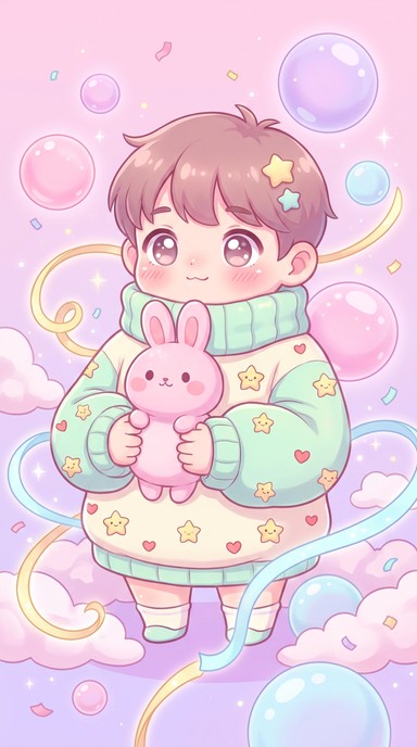 An adorable chibi character with sparkling eyes holds a plush bunny ...