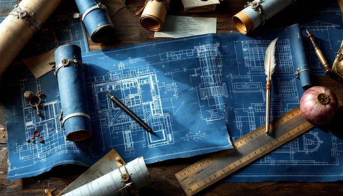 Prussian blue architectural blueprints cascade across a wooden surface ...