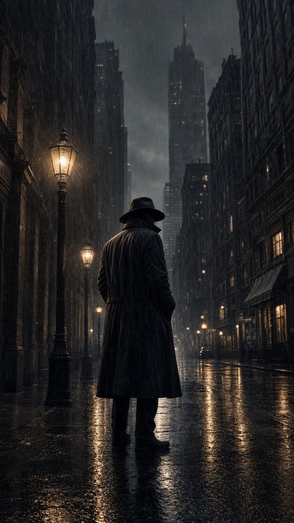 A lone man in a long dark coat and wide-brimmed hat stands on a wet ...