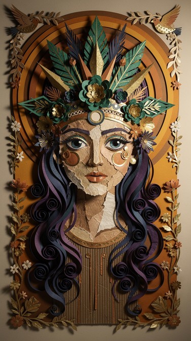 A stunning three-dimensional paper craft portrait features a mysterious ...