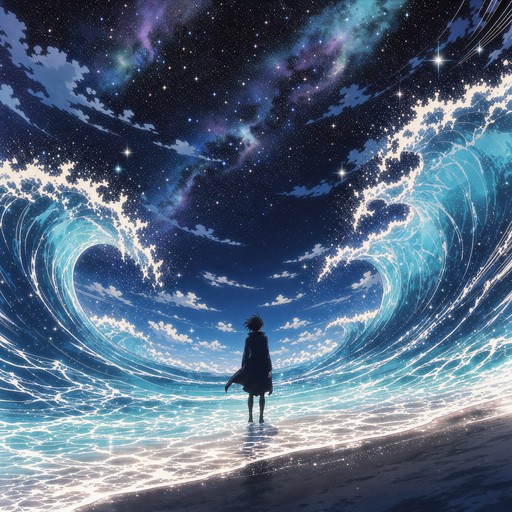 A lone figure in a dark coat stands on a glowing shore as giant sky ...